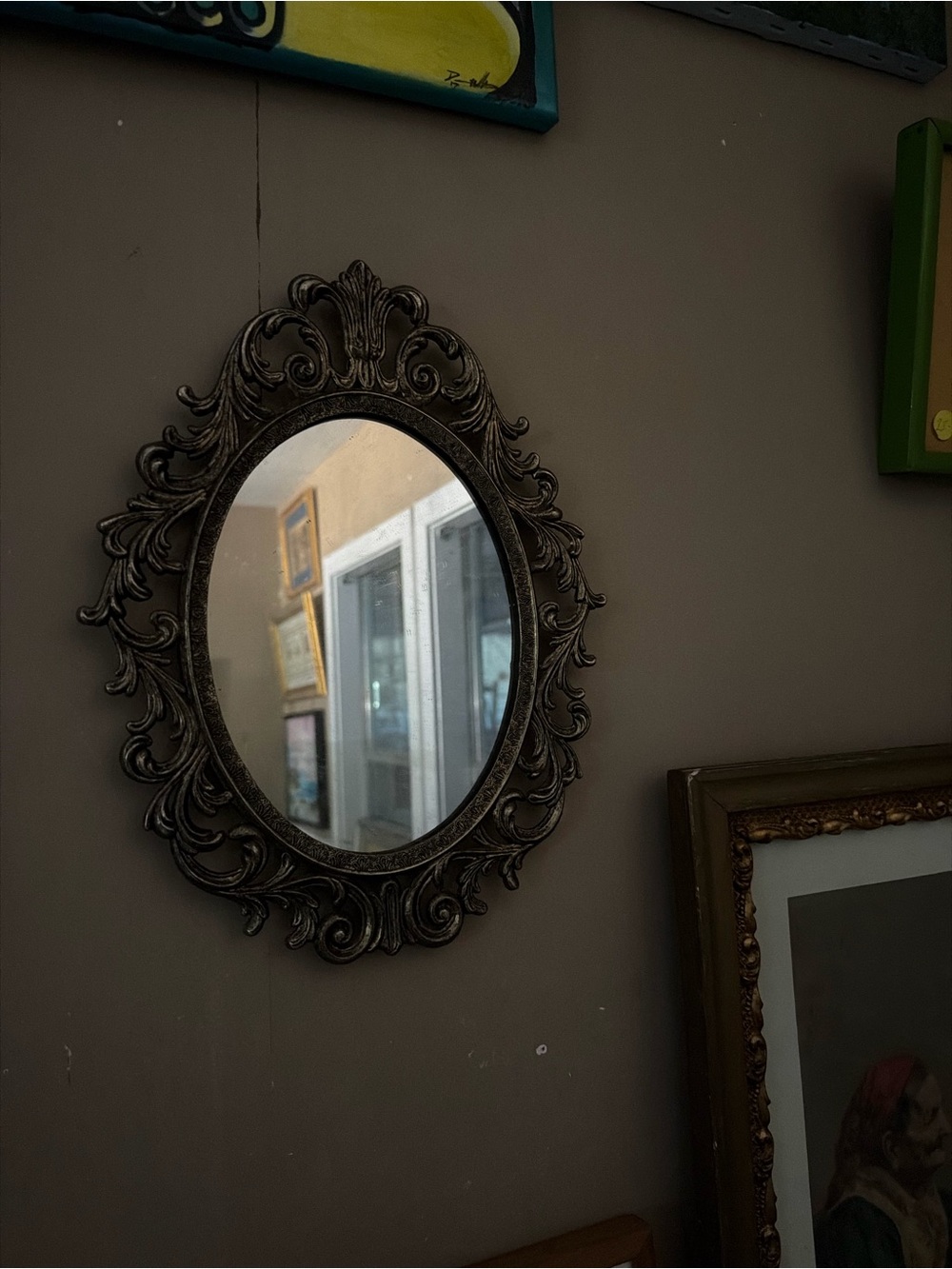 Vintage Ornate Oval Wall Mirror in Antique Bronze 13”